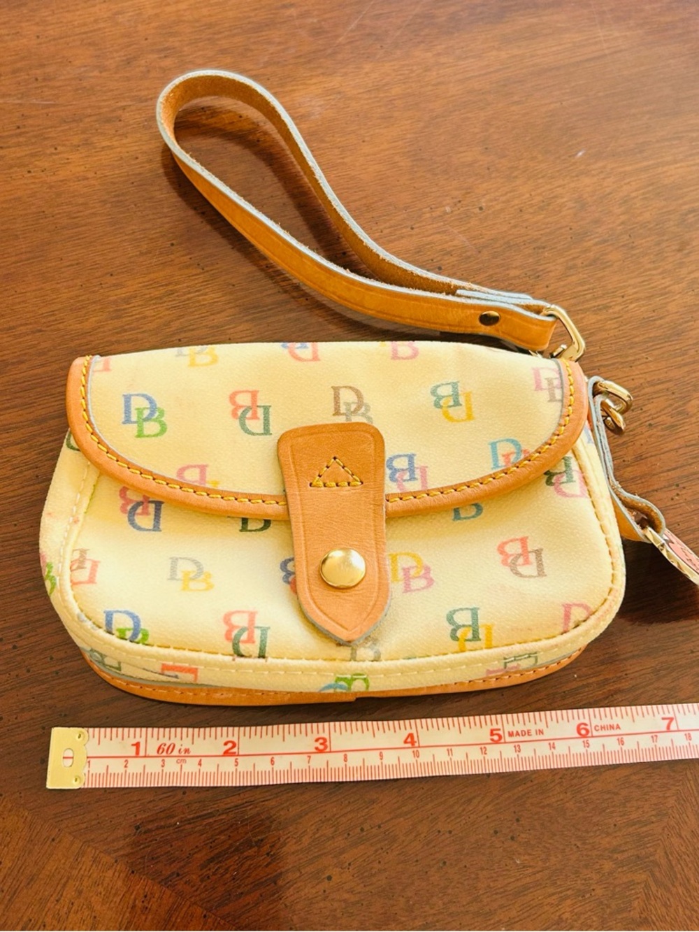 Yellow Logo Print Wristlet Clutch with Leather Trim